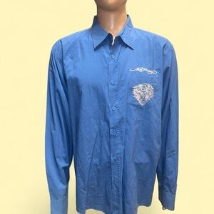Christian Audigier Blue Button Down Shirt with Embroidery